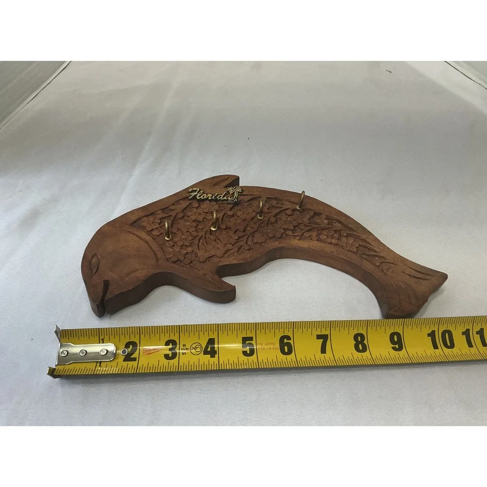 Vintage Florida Souvenir Hand Carved Wood Dolphin Key Rack Wall Mount 4 Hooks